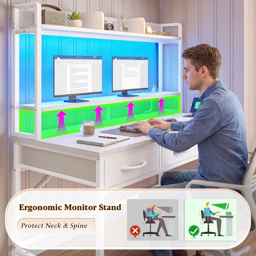 Durayloly 47.2"Computer Desk with Storage Rack&Monitor Stand, Gaming desk with LED&Power Outlet, Computer Desk with Hutch &2Drawers,Modern Study Writing Desk for Bedroom Home Office,Small Space,White - color: White, size: 18.9"D x 47.2"W x 61.1"H