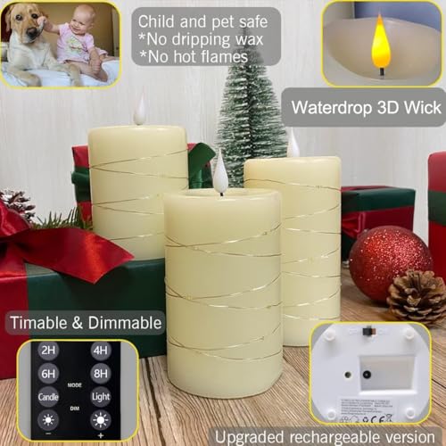 Rechargeable Flameless Candle, Flickering LED Pillar Real Wax Candle with Fairy Lights, Remote Control and Timer, Upgraded Teardrop Wick, Built-in Battery Electronic Candle, Set of 3 - color: Copper-Wire Drop