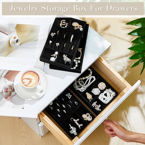 Junkin 18 Pcs Velvet Jewelry Tray, Stackable Jewelry Organizer Trays for Drawer, Jewellery Box Divided Display Tray, Jewelry Inserts for Drawer for Rings Earring Bangle Necklaces(Black) - color: Black