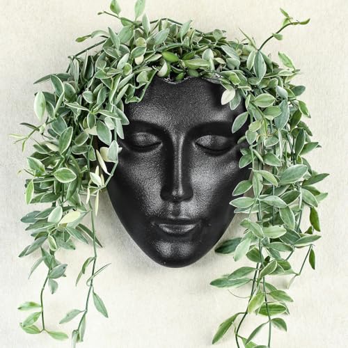 Ceramic Female Form Face Vase - Modern Sculpture Planter Pot, Human Face Shaped Vase, Wall Hanging Plant Pot with Drainage for Home Decor Centerpieces, Office or Outdoor Hanging Decor - color: Black-color