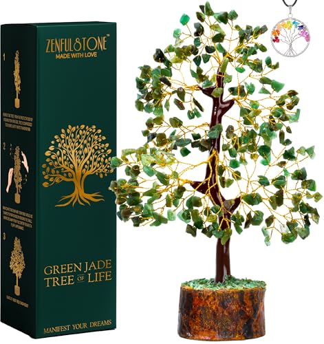 Green Jade Crystal Tree of Life for Luck & Prosperity Decor for Home and Office | Handmade Bonsai for Wealth & Balance and Good Fortune | Perfect Well-Being Gift for Loved Ones - color: Green Jade Golden Wire