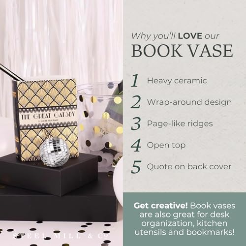 Steel Mill & Co Original Book-Shaped Decorative Vase, Ceramic Vases for Home Decor, Cute Bookshelf Decor, Unique Vase for Book Lovers (Small - Great Gatsby) - color: Great Gatsby