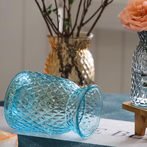 OFFIDIX Glass Vase,6.2 * 3.5in Large Mouth Shape Geometric Faceted Design Flower Vase for Weddings,Events,Decorating,Office,Home Decor - color: Blue-2