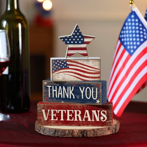 CroBlissful 4 Pcs Memorial Day Decorations Patriotic 4th of July Tabletop Decorations Red White Blue Table Centerpieces Star Sign for Office Tiered Tray Home Shelf 250th Anniversary - style: Star