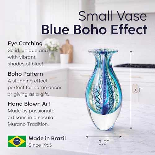 Ca D Oro Small Glass Vase Boho with Blue/Green Canes Hand Blown Murano-Style Art Glass - Model Nº 2 - color: Small Blue Model 2