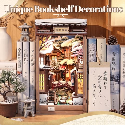 Fsolis DIY Book Nook Kit for Adults – Japan Booknook 3D Wooden Puzzles Japanese Winter Scene Miniature Model Mini Build House Craft Gift for Women Hobbies (Kyoto Snow Whisper) - style: Kyoto Snow Whisper