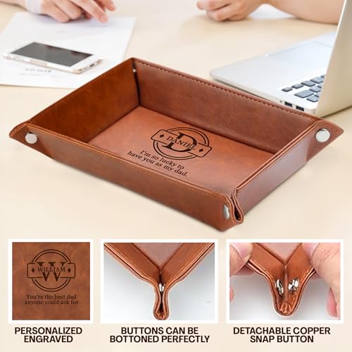 Personalized Engraved Leather Tray for Him – PU Valet Leather Catchall Organizer for Men, Father's Day Custom Gift, Organizer for Dresser, Desk, Nightstand – Custom Men Travel Valet Tray - style: Fathers Day
