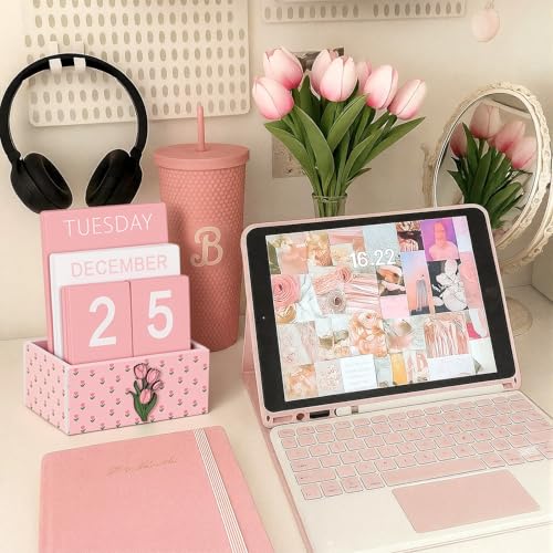 AceOrbit Pink Tulip Wood Block Perpetual Calendar Coquettish Desk Decor Cute Month Week Date Display Decorative Block Calendar for Women Office Home Desk Gift for Women - style: Pink Tulips