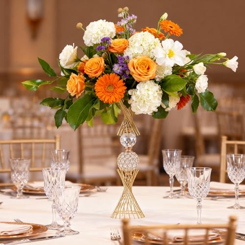 VIJIV Gold Vase for Wedding Centerpieces Table, 24" Tall Luxury Hourglass Metal Trumpet Vase for Flower Arrangement & Ostrich Feathers Holder, Perfect for Wedding Galas, Anniversary & Formal Events - size: Tall-23.7IN