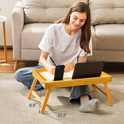 Bamboo Bed Tray Table, Large Breakfast Tray with Folding Legs, Multipurpose Serving Tray Use As Portable Laptop Snack Table, for Working, Eating, Reading by Pipishell - color: Yellow, size: 20.3" x 13.7" x 8.9"