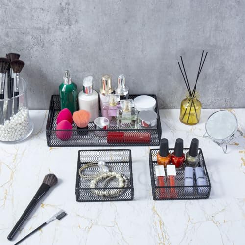 MyGift Modern Geometric Diamond Pattern Black Metal Wire Tabletop Organizer Trays, Office Desk Supplies Nesting Bins, Makeup Accessories Drawer Storage, 3 Piece Set - color: Black