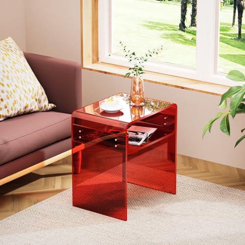 Clear Acrylic End Table 2-Tier Bedside Nightstand for Living Room Bedroom (1, Red) - color: Red