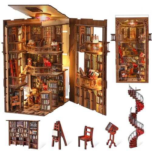 MiniCity Book Nook Kit, DIY Miniature Dollhouse Booknook Kit, 3D Wooden Puzzle Bookend Bookshelf Insert Decor with LED Light for Teens and Adults (Abbey Library) - style: Abbey Library