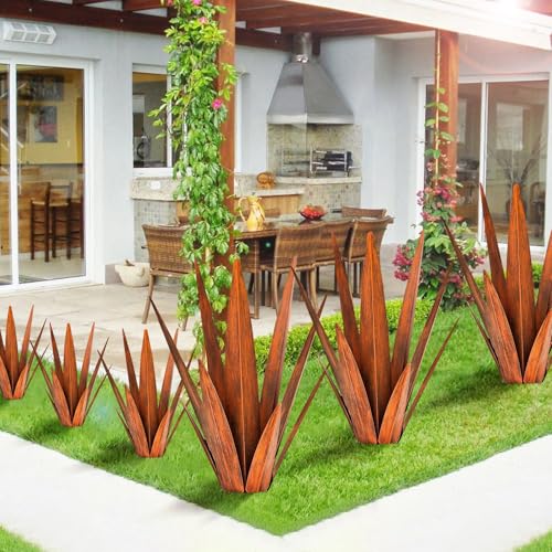 KODIBO Metal Agave Plants, Tequila Rustic Sculpture, Metal Yard Art, Outdoor Lawn Ornaments Yard Stakes (Rusty- L) - color: Rusty- L