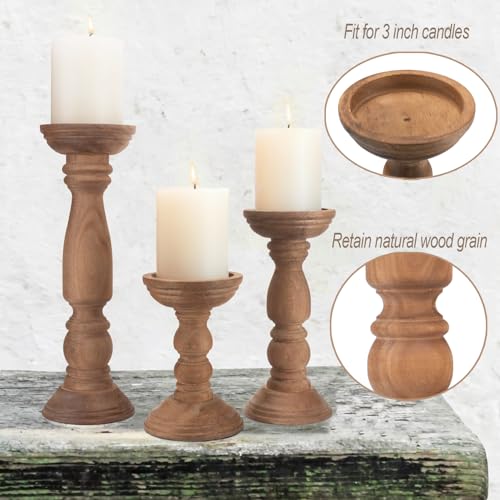 Farmhouse Wooden Candle Holders for Pillar Candles Set of 3, Rustic Wood Candle Holder Table Centerpiece Decor, 12'' 9'' 6'' Vintage Tall Candle Stand Decorative, Brown - color: Natural Brown