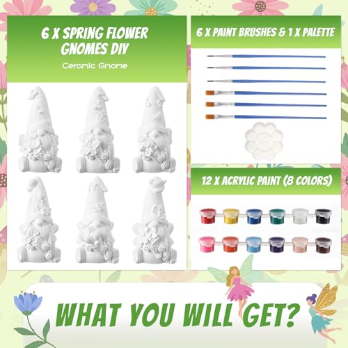 Arrowbash 6 Pcs Summer Ceramics to Paint Ready to Paint Your Own Gnome Statues 5.12 Inch Flowers Theme Paintable Figurines for Adults DIY Unpainted Ceramics Art Crafts with Brush Palette - style: Flowers