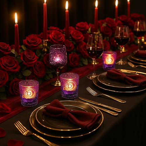 6 Pack Sun Moon Star Embossed Glass Tea Light Candle Holders - Votive Candle Holders for Wedding, Party, Home Decor, and Table Centerpieces (Amethyst Purple) - color: Amethyst Purple