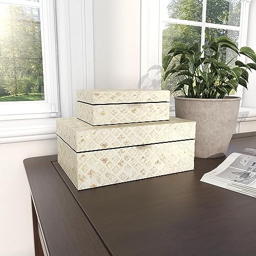 Deco 79 Mother of Pearl Shell Handmade Decorative Box Decorative Keepsake Boxes with Hinged Lid, Set of 2 Storage Boxes 12", 8"W, Cream - color: Cream, size: 11.9", 8"W