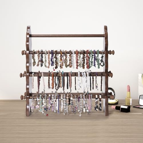 Two-Sided Wooden Jewelry Bracelet Holder Display Stand with 6 Removable Holders - 3 Tier Bar Bangle Organizer Perfect for Organizing and Showcasing Bracelets, Watches, and Accessories - style: 6 Tier-Brown