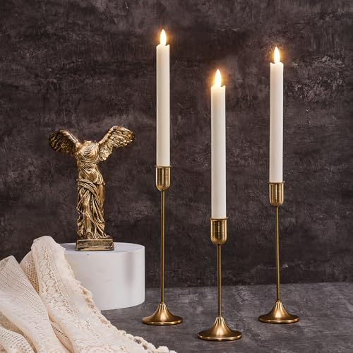 Candlestick Holders, Gold Metal Taper Candle Holders Set of 3, Handmade Heavy Base Brass Vintage Modern Decorative Table Centerpiece for Candlelight Dinner, Fireplace Mantel Wedding Housewarming Décor - color: Brass Gold