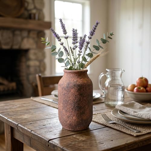 Rustic Terracotta Vase for Home Decor, 9 Inch Farmhouse Ceramic Vases for Centerpieces, Decorative Pottery Flower Vase for Pampas Grass, Living Room Mantle Decor Brown