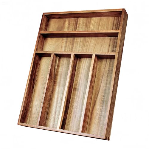 KITEISCAT Acacia Wood Silverware Organizer, Kitchen Utensil Drawer Organizer for Forks, Knives & Spoons, 6-Compartment Cutlery Tray, Flatware Holder - size: 6 Compartments