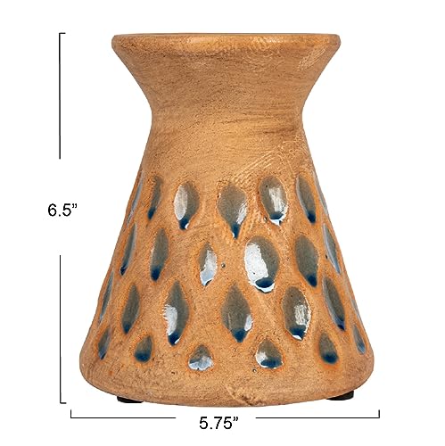 Creative Co-Op 6.5 Inches Debossed Terra-Cotta 3 Inches Pillar, Natural and Blue Candle Holder, Terracotta