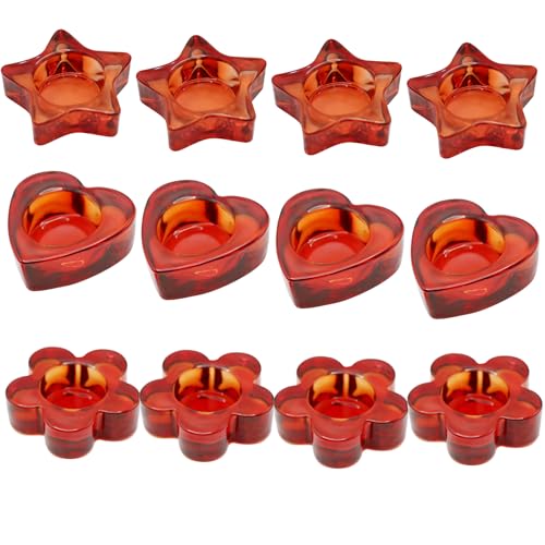 Red Votive Candle Holders Set of 12, (3 Sizes,Heart/Flower/Star) Glass Tealight Candle Holders Bulk for Wedding Table Centerpiece,Birthday Party,Valentines Day,Christmas Decorations,Home Decor(Red) - color: Red