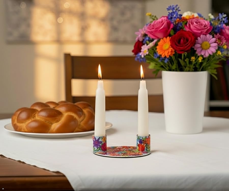 Yair Emanuel Flat Plate Candle Holders for Shabbat 4 Inch Vibrant Pattern Design Modern Judaica Gift (CSE-2 Flowers) - color: Cse-2 Flowers