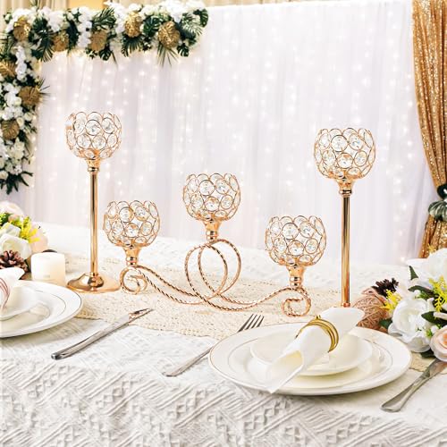 Gold 5 Arm Metal Crystal Tea Light Candle Holder, Elegant Wedding Table Centerpiece, Christmas Wishing Bowl Candle Holder - color: Gold, size: Set of 3