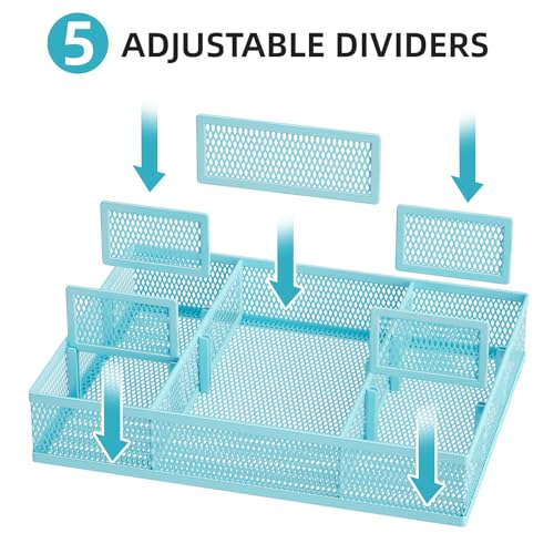 Marbrasse 2 Pack Desk Drawer Organizer, Mesh Drawer Organizer Tray with 8 Adjustable Compartments, Desk Organizers and Accessories, 5 Dividers Drawer for Office Supplies, Makeup & Vanity (Blue) - color: Blue