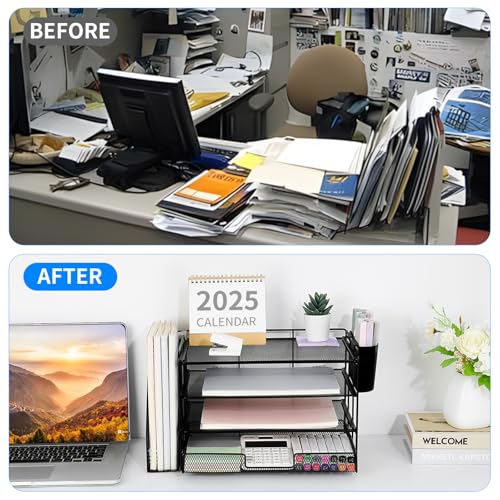 OPNICE Desk Organizer, 4-Tier Desktop File Organizer with Drawer and 2 Pen Holders, Office Desk Accessories, File Sorters, Workspace Organizers for Office Supplies(Black) - color: Black, size: 4-Tier