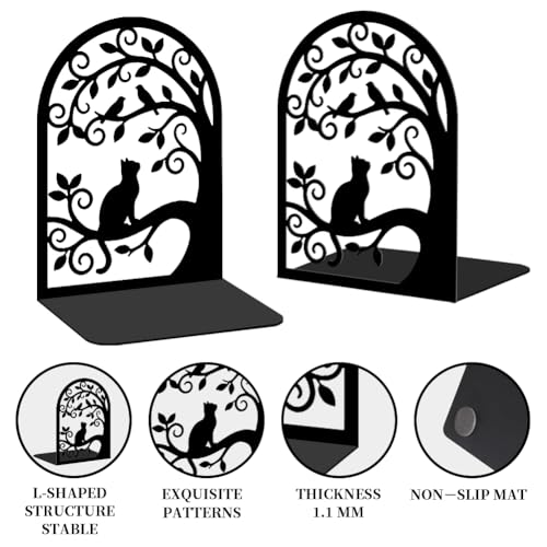 2 Pcs Metal Bookends, Unique Cat Book Ends for Shelves Sturdy Book Organizers and Decorative Books Accessories for Home Office and Library - style: Cat Tree