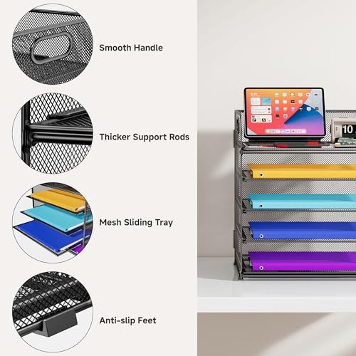 Cawukege 5 Tier Paper Organizer with Handle, Black Metal Mesh Desk Organizer File Folder Paper Letter Tray Desktop Document Sorter for Classroom, School, Office Accessories Organization and Storage - color: Black