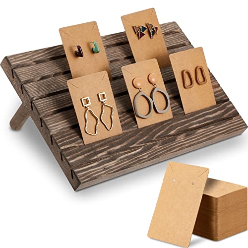 Blulu 31 Pack Wooden Earring Display Stand 7 Slots jewelry Display Holder with Earring Card for Selling Vendors Retail Show - color: Brown, Light Brown
