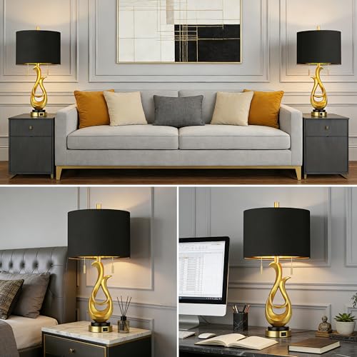 Modern Luxury Table Lamps, Gold Sculptural Bedside Lamps, Gold Leaf Finish Nightstand Lamps, 26'' Table Lamp with S Cluster Pull Chain Switch for Bedroom, Desk Lamp with USB Ports, 4 Bulbs Included