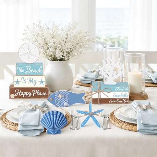 Vercraft 11 Pcs Beach Table Decorations Set Ocean Tiered Tray Decor Summer Wood Block Sign Gift the Beach Is My Happy Place Starfish Seashell Coastal Centerpiece Summer Party Supplies Shelf - style: Beach