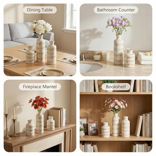 Vintage Ceramic Flower Vase Set of 3, Rustic Farmhouse Vase for Home Decor, Distressed Decorative Vase for Table Entryway Mantel Centerpiece Living Room Bathroom Bedroom (Ivory Vein) - color: 112-ivory Vein