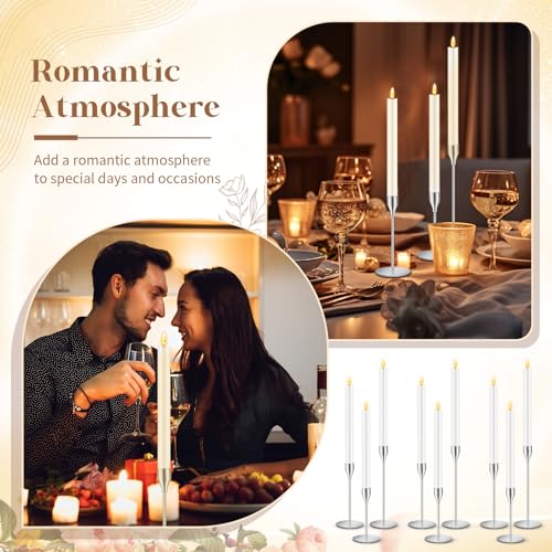 FillTouch 30 Pcs Silver Candlestick Holders with Flameless LED Candles Bulk Includes 15 Metal Candle Holders and 15 Battery Operated Taper Candles for Wedding Valentines Table Centerpieces Home Decor - color: Silver Holders, White Candles