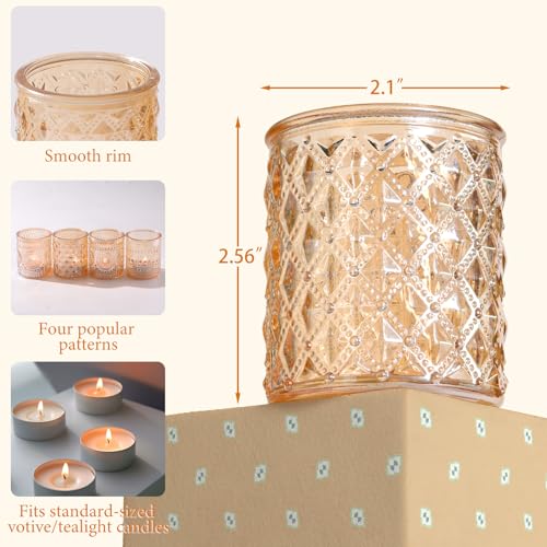 Set of 16 Gold Tealight Candle Holders, 2.56”H Votive Candle Holders with 4 Unique Patterns (Sunflower, Polka Dot, Diamond) for Valentine's Day & Spring Summer Wedding Table Decor Centerpieces - color: Gold