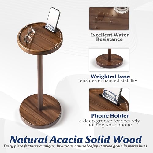 BLUEWEST Drink Table, 22" Tall Compact Side Table with Phone Slot and Weighted Base, Durable Pedestal Table Accent for Living Room (Flat, Walnut) - color: Walnut C