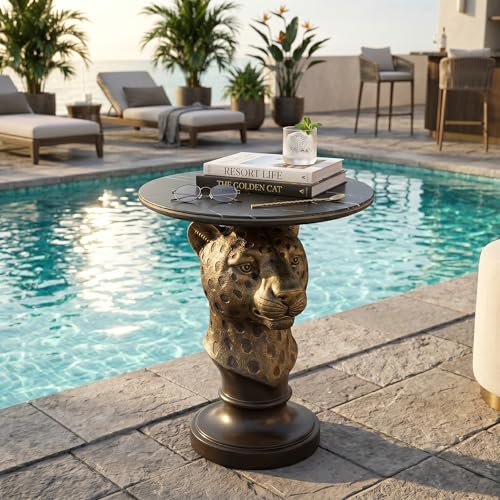 Leopard Head Sculptural Accent Table for Living Room & Entryway, 19.69" D x 24.80" H, Resin Animal End Table, Waterproof Outdoor Decor, Unique Gift for Housewarming - color: Leopard
