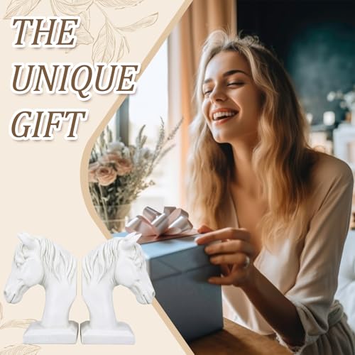 Set of 2 Horse Head Bookends Antique Heavy Duty Book Ends Resin Decorative Art Bookends for Derby Day Vintage Home Office Desk Decoration Horse Lovers Gifts (White) - color: White