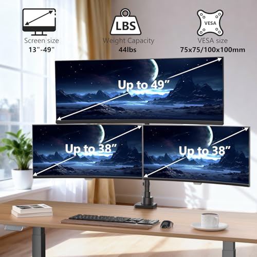 WALI Triple Monitor Mount - Extra Tall 3 Monitor Desk Mount for 13-49 Inch Ultrawide Screens, Up to 44 lbs, Fully Adjustable Heavy Duty Monitor Arm, VESA 75/100 mm (GSDM003-P), Black - size: 13"-49", style: Triple Arms