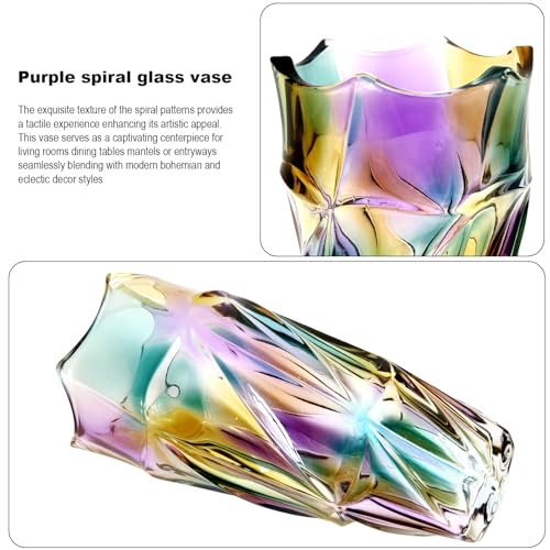 9 Inch Height Glass Flower Vase, Elegant Purple Spiral Twist Design, Heavy Base, Modern Art Decor with Diagonal Pattern for Home Centerpiece