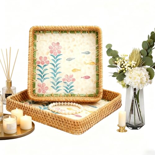 1 pcs Rectangle Rattan Serving Tray with Mother of Pearl Inlay, Decorative Wicker Tray for Coffee, Bread, Fruits, Elegant Table Decor for Living Room & Dining Room - color: Pink-green & Pink Floral
