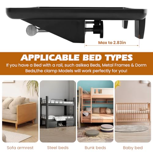 Bedside Shelf for Top Bunk Bed, College Dorm Room Essential Bed Side Table Tray Organizer, Black Clip on Nightstand Tray with Cable Management for Bunk & Loft Beds
