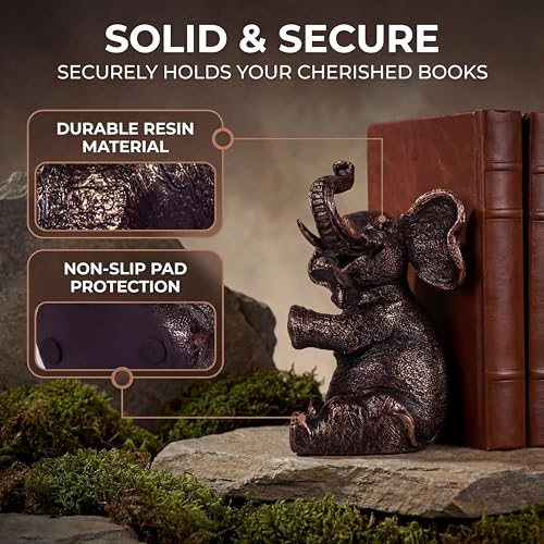 Elephant Bookends with Non-Slip Padding - Heavy Duty Book Ends for Shelves - Gold Decorative Bookend Unique - Vintage Animal Holders for Heavy Books - Living Room Bookshelf Decor - 4 x 4 x 7 Inches
