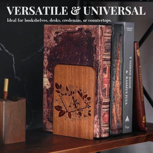 Wood Bookends, Book Ends for Shelves with Decorative Alphabet A and Z Design - Heavy Duty Iron & Ebony Wood Book Ends for Shelves Bookcase Desk - 1 Pair - A - color: A