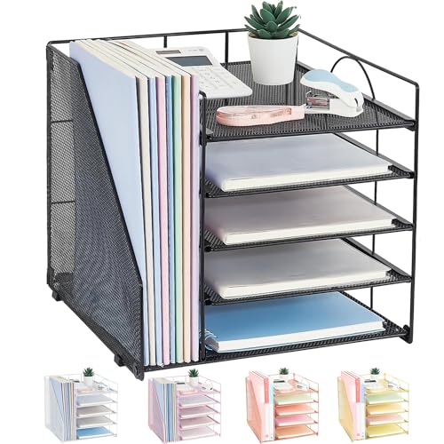 LEKETREE Desk Organizers and Accessories, 5-Tier Paper Letter Tray Organizer with File Holder, Desktop Organizer for Office Supplies (Black) - color: Black, size: 12" x 12" x 12"
